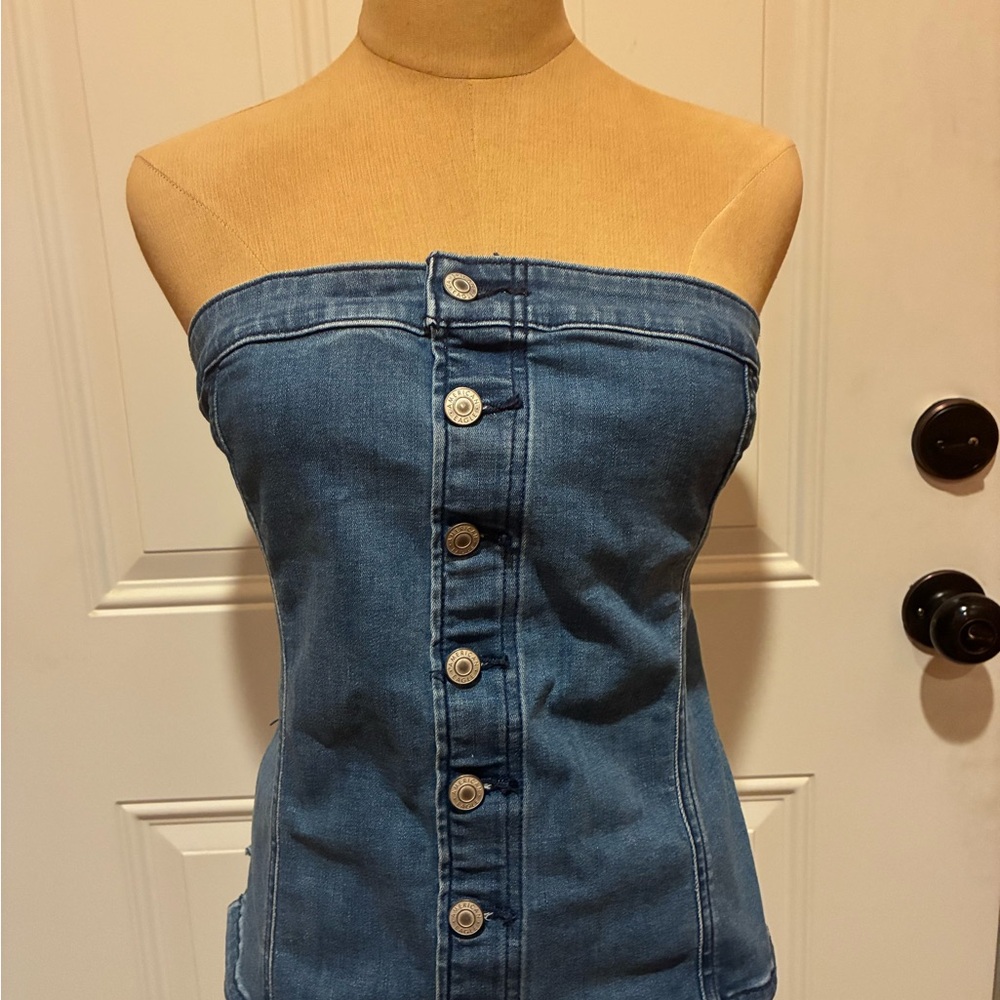 American Eagle Outfitters Strapless Button-Front Denim Top - Blue